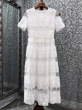 2023 новое женское модное платье с короткими рукавами, круглым вырезом, застежкой-молнией сзади, водорастворимым вышитым дисковым цветком, открытое платье 0610