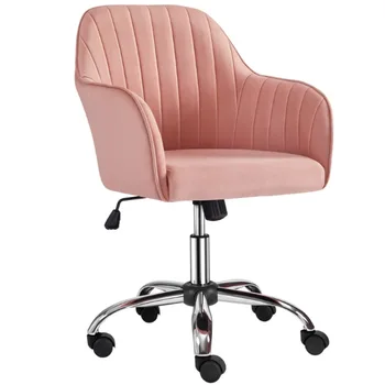 Бархатное рабочее кресло со средней спинкой и подлокотниками, розовое кресло, Розовое рабочее кресло, Офисное кресло, Офисная мебель