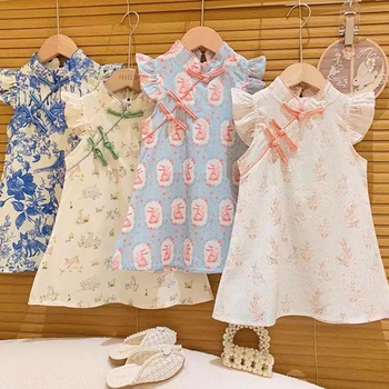 Винтажное платье для девочек, летние платья принцессы в китайском стиле, детский мультяшный кролик, цветочный Чонсам, от 2 до 7 лет, Vestidos, детская одежда