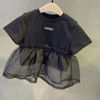Детская летняя футболка для девочек, сетчатый топ в стиле пэчворк с короткими рукавами, детская летняя свободная футболка иностранного производства, детская одежда