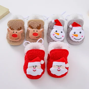 Детская Рождественская обувь, зимние зимние ботинки из толстого плюша, теплая хлопчатобумажная обувь, рождественский подарок для малышей, мягкая подошва, Первые ходунки для новорожденных