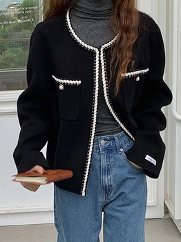 Корейские короткие Однобортные Черные шерстяные пальто Женская мода Элегантные Шерстяные пальто ручной работы Женская одежда Abrigos Para Mujer