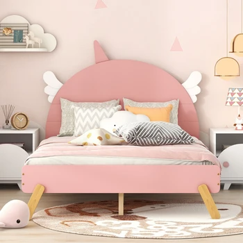 [Срочная распродажа] Симпатичная деревянная кровать полного / двойного размера с изголовьем в форме единорога, розовая рама кровати на платформе [US-W]