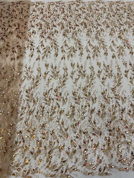 Тяжелая кружевная ткань ручной работы, расшитая бисером, Роскошные хрустальные бусины 5 ярдов для свадьбы, белый Свадебный тюль с блестками, Африканская последовательность блесток